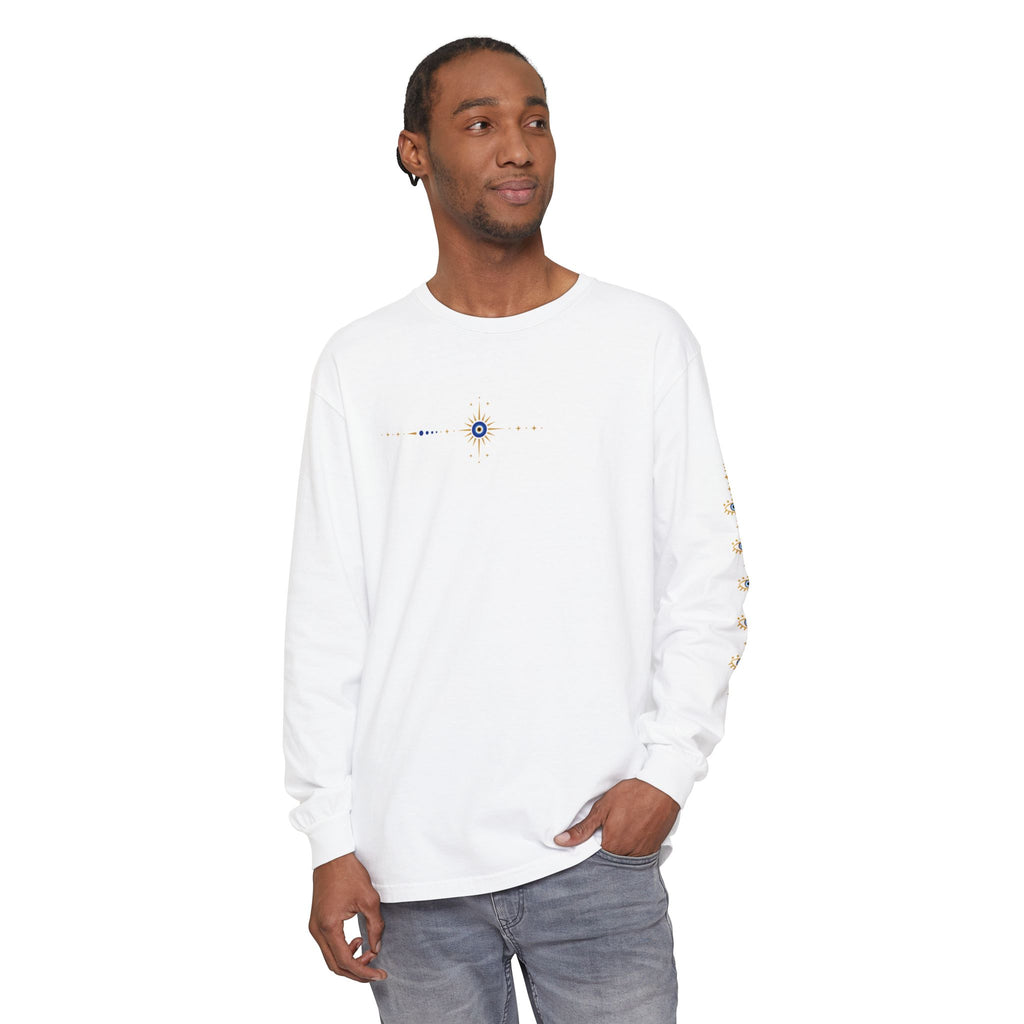 Evil Eye Minimal Line Art Long Sleeve T-Shirt | Sleeve Motif
